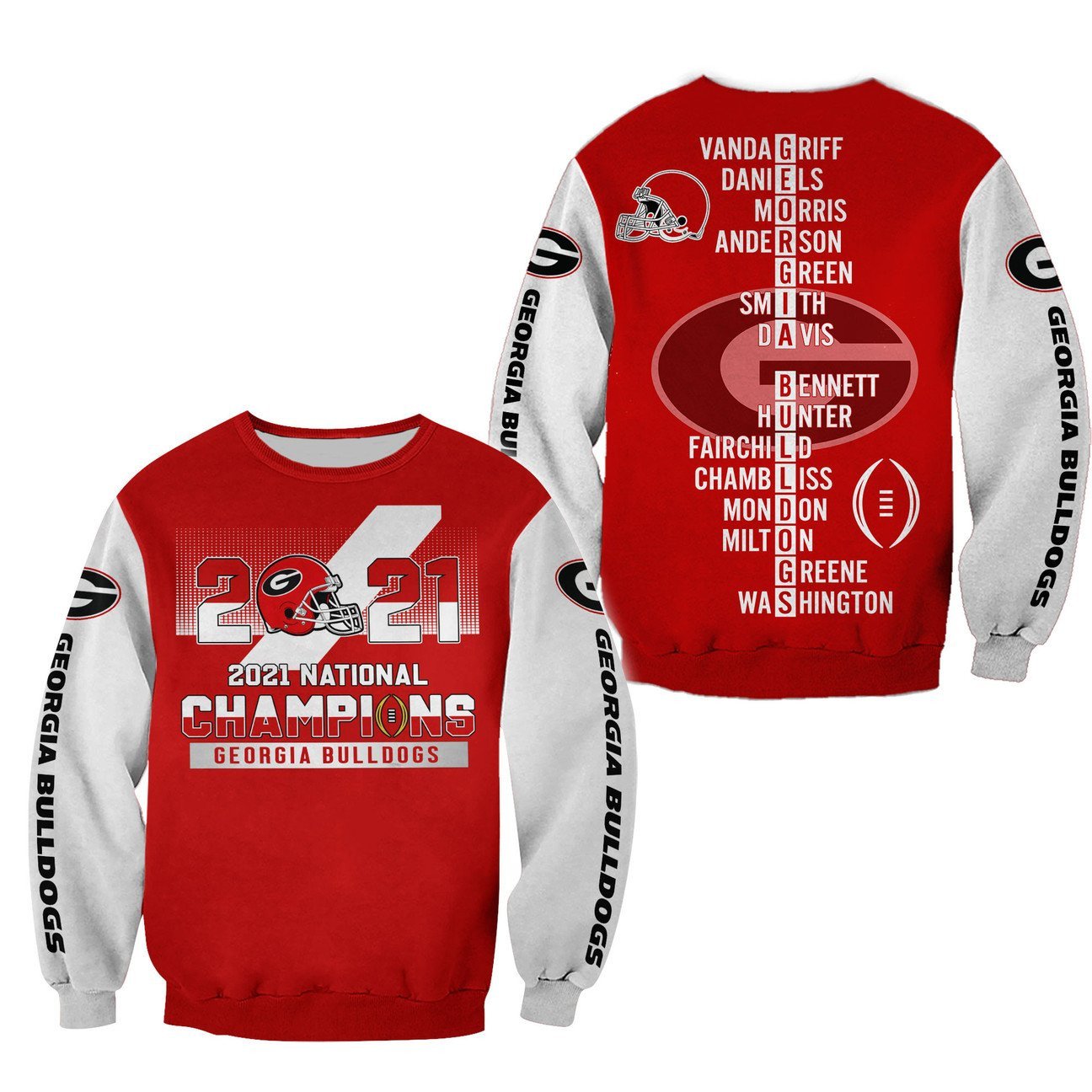 2021 National Champions Georgia Bulldogs Players Name White Red 3D Shirt 2021 National Champions Georgia Bulldogs Players Name White Red 3D Shirt