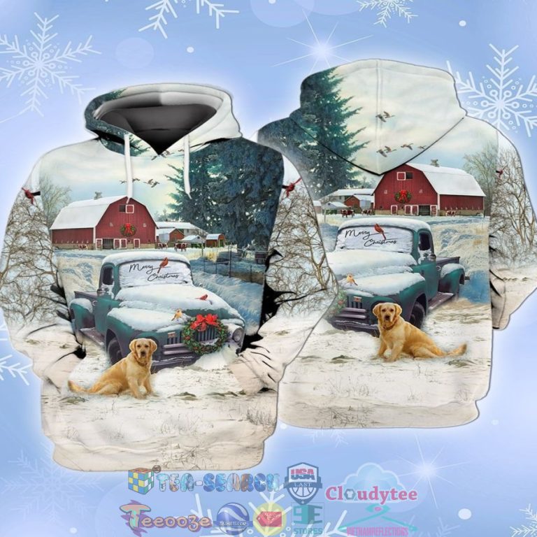 Christmas-Farm-Blue-Truck-With-Red-Barn-And-Retriever-Dog-3D-Hoodie-1