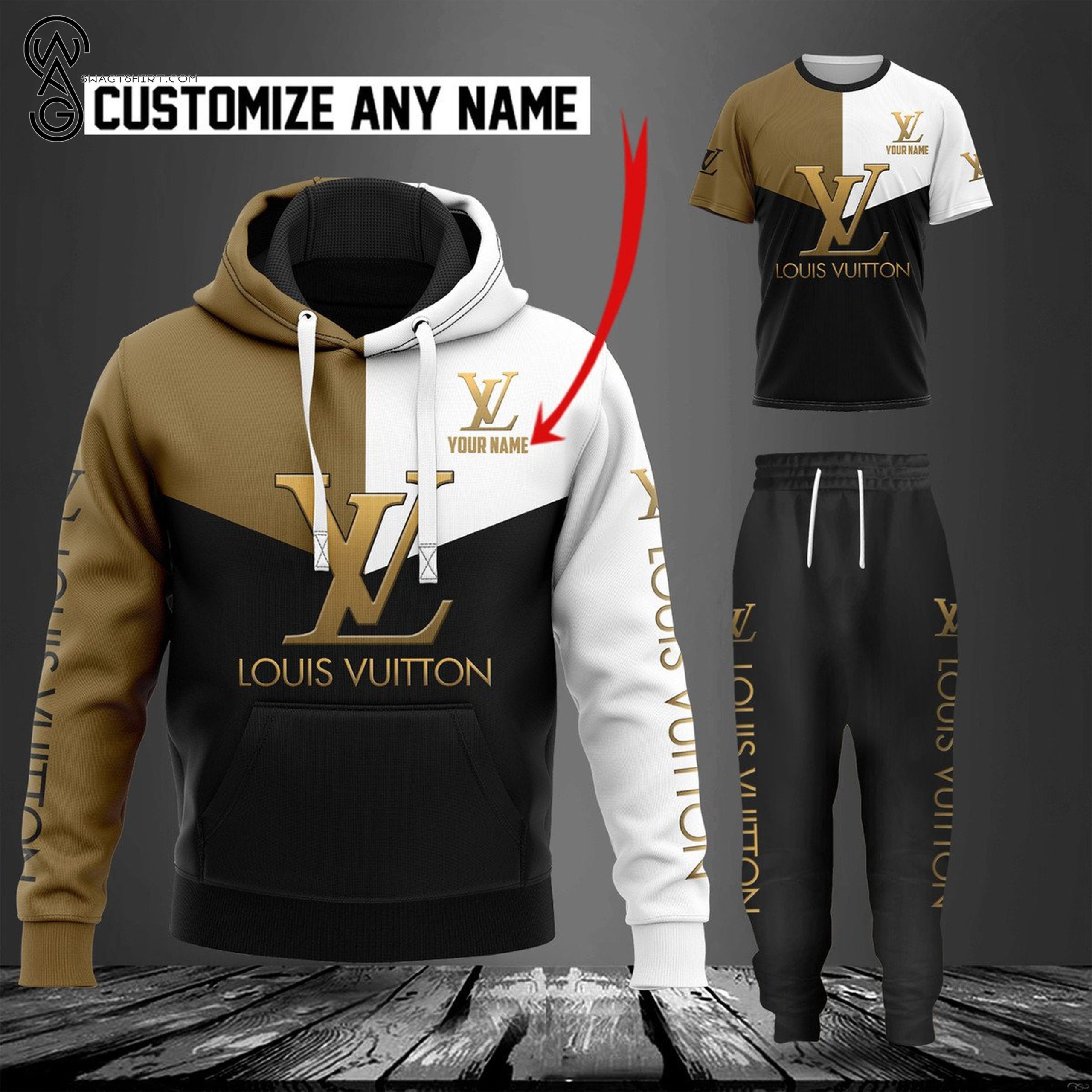 Combo Louis Vuitton Black And Brown Symbol Hoodie Bomber Jacket And Pants Combo Louis Vuitton Black And Brown Symbol Hoodie Bomber Jacket And Pants