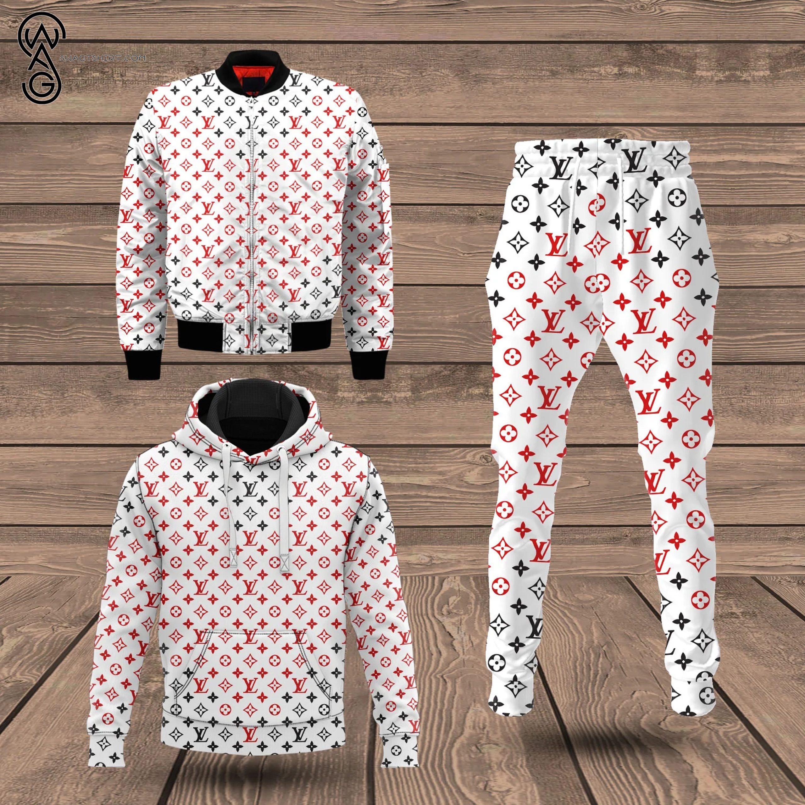 Combo Louis Vuitton Black And Red Hoodie Bomber Jacket And Pants Combo Louis Vuitton Black And Red Hoodie Bomber Jacket And Pants