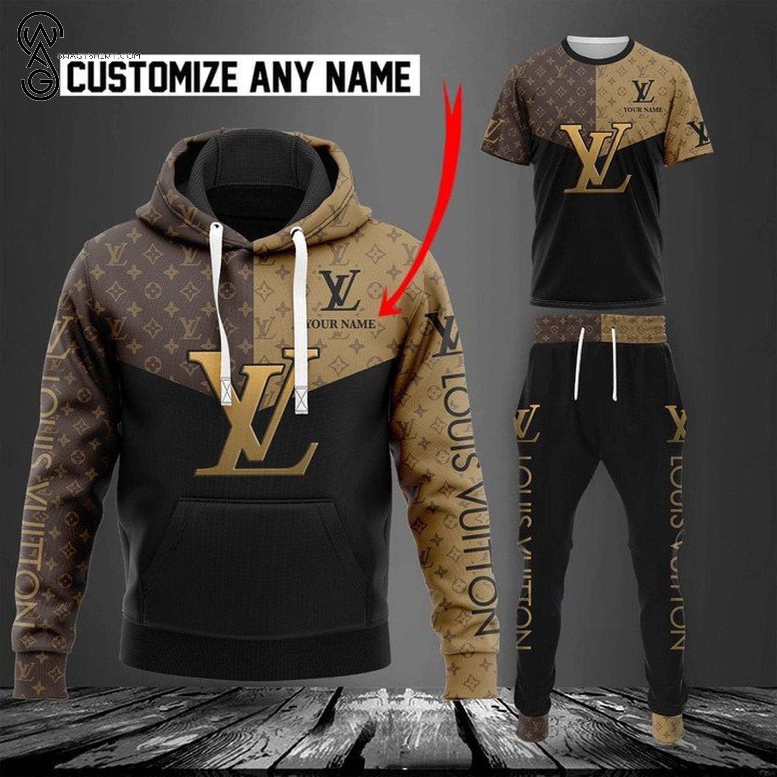 Combo Louis Vuitton Black Brown Cream Hoodie Bomber Jacket And Pants Combo Louis Vuitton Black Brown Cream Hoodie Bomber Jacket And Pants