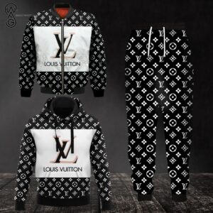 Combo Louis Vuitton Black White Symbol Hoodie Bomber Jacket And Pants