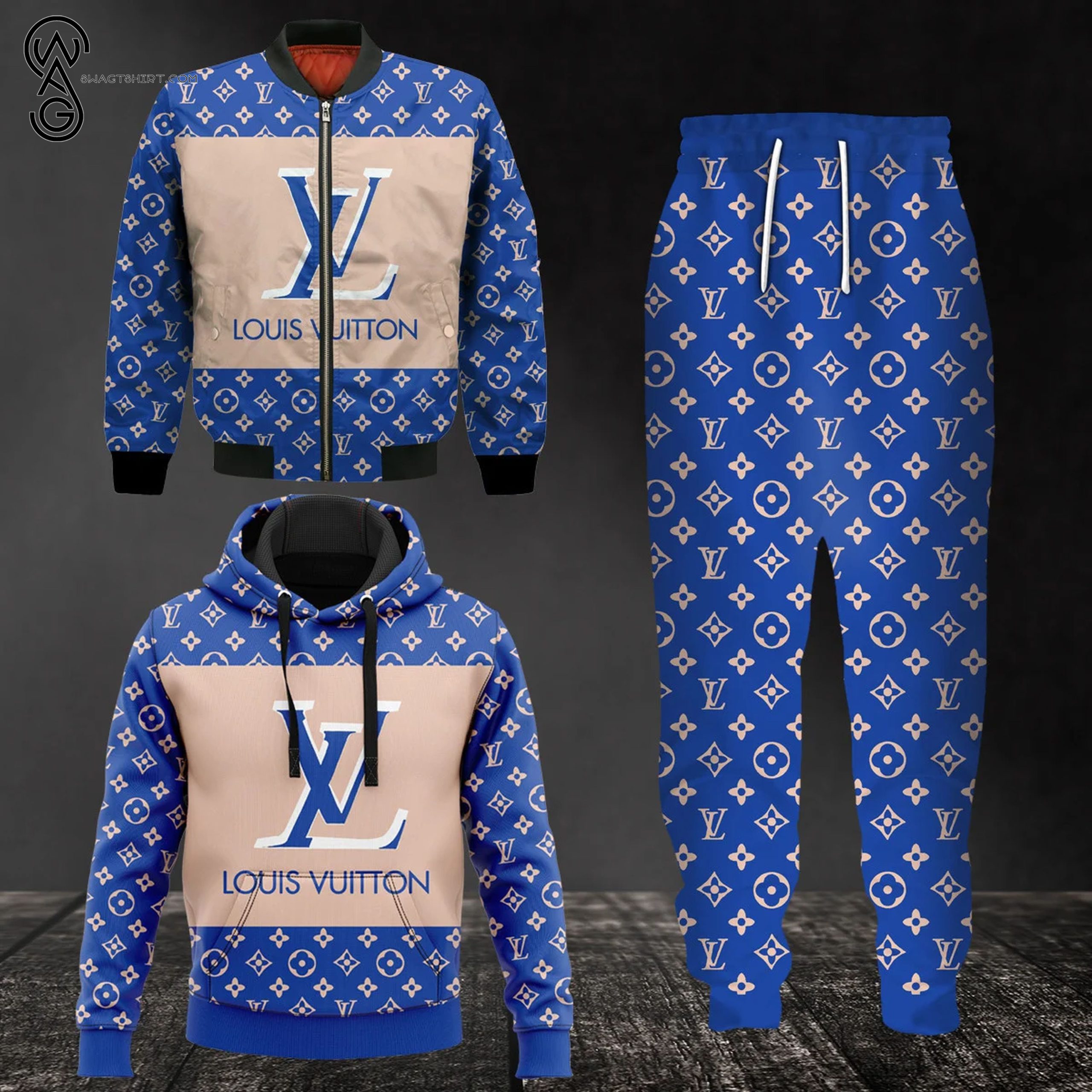 Combo Louis Vuitton Blue Cream Symbol Hoodie Bomber Jacket And Pants Combo Louis Vuitton Blue Cream Symbol Hoodie Bomber Jacket And Pants