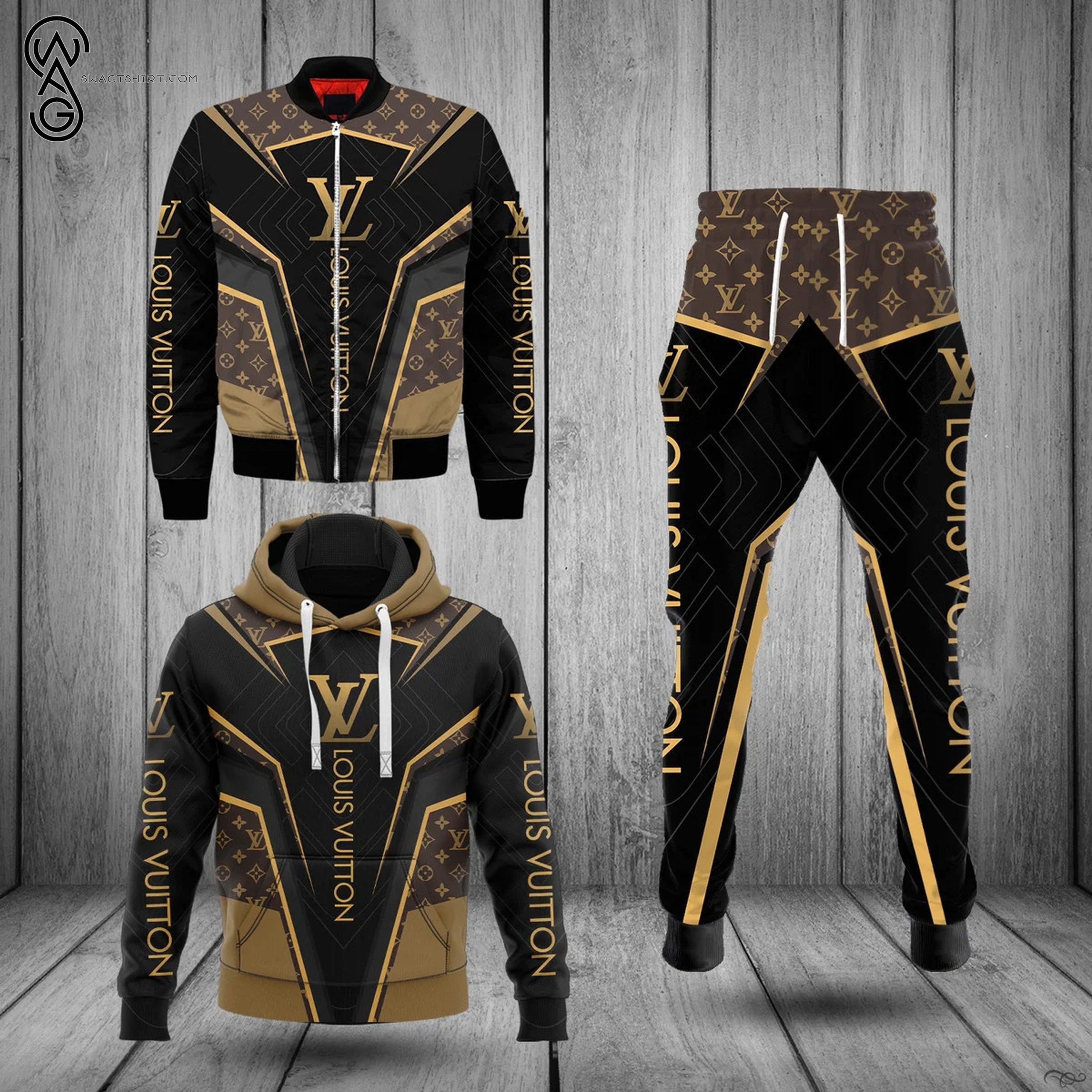 Combo Louis Vuitton Brown Version Hoodie Bomber Jacket And Pants Combo Louis Vuitton Brown Version Hoodie Bomber Jacket And Pants