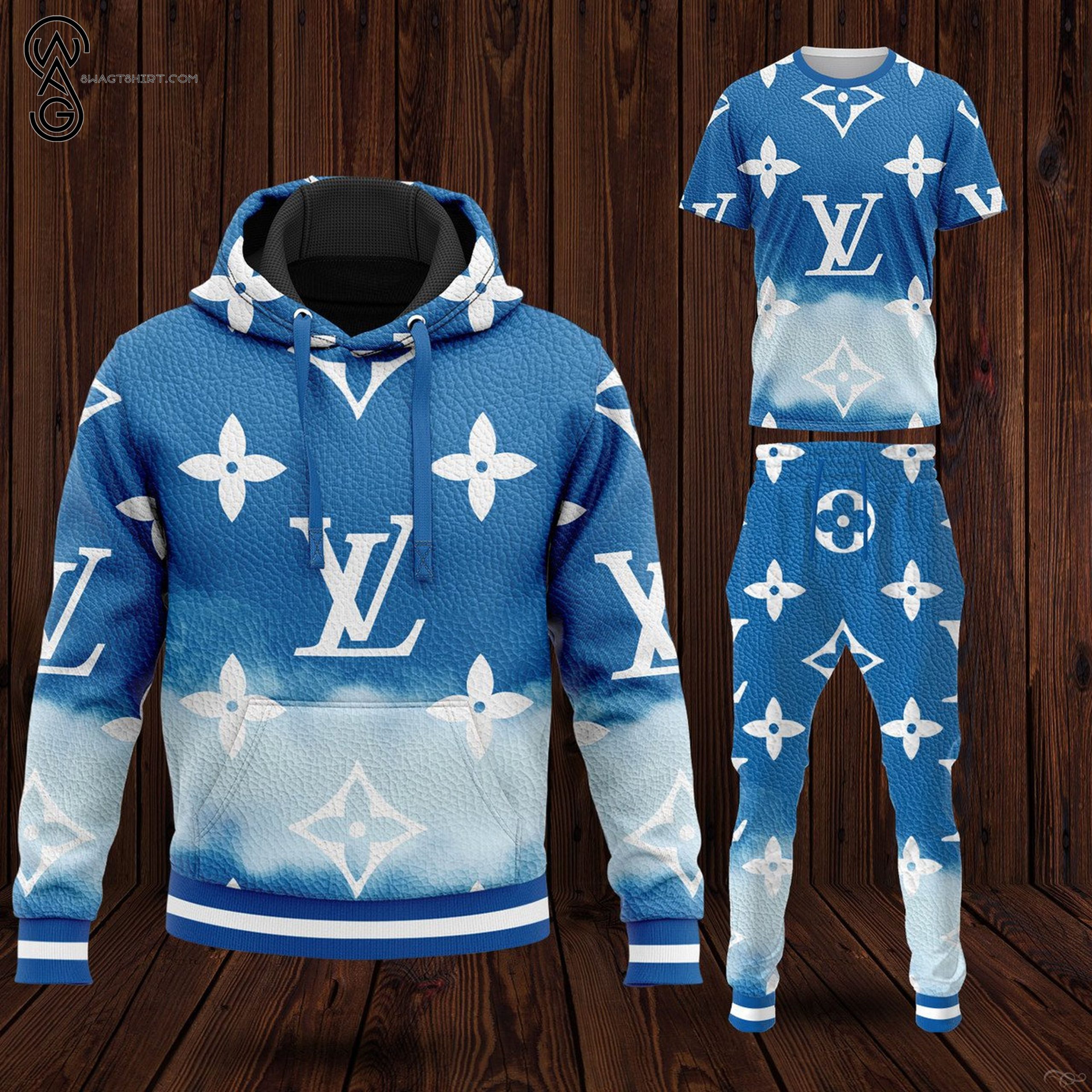 Combo Louis Vuitton Classic Logo Sky Blue Hoodie Bomber Jacket And Pants Combo Louis Vuitton Classic Logo Sky Blue Hoodie Bomber Jacket And Pants