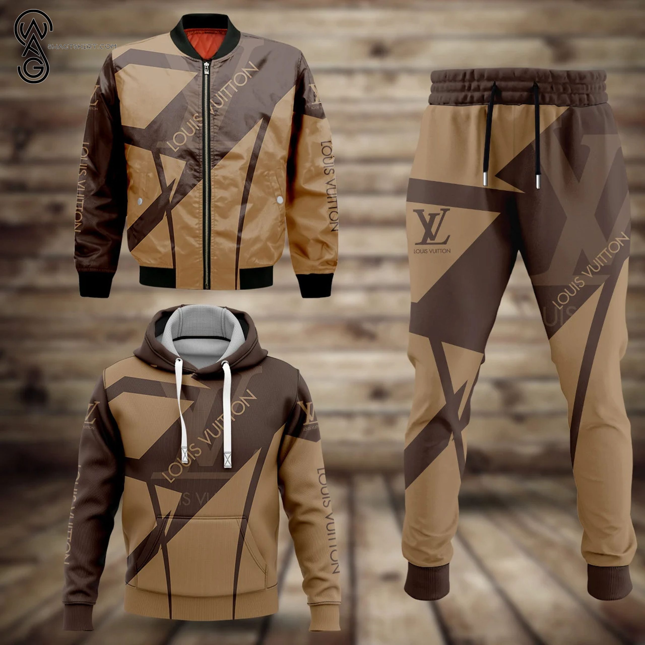 Combo Louis Vuitton Cream And Brown Hoodie Bomber Jacket And Pants Combo Louis Vuitton Cream And Brown Hoodie Bomber Jacket And Pants