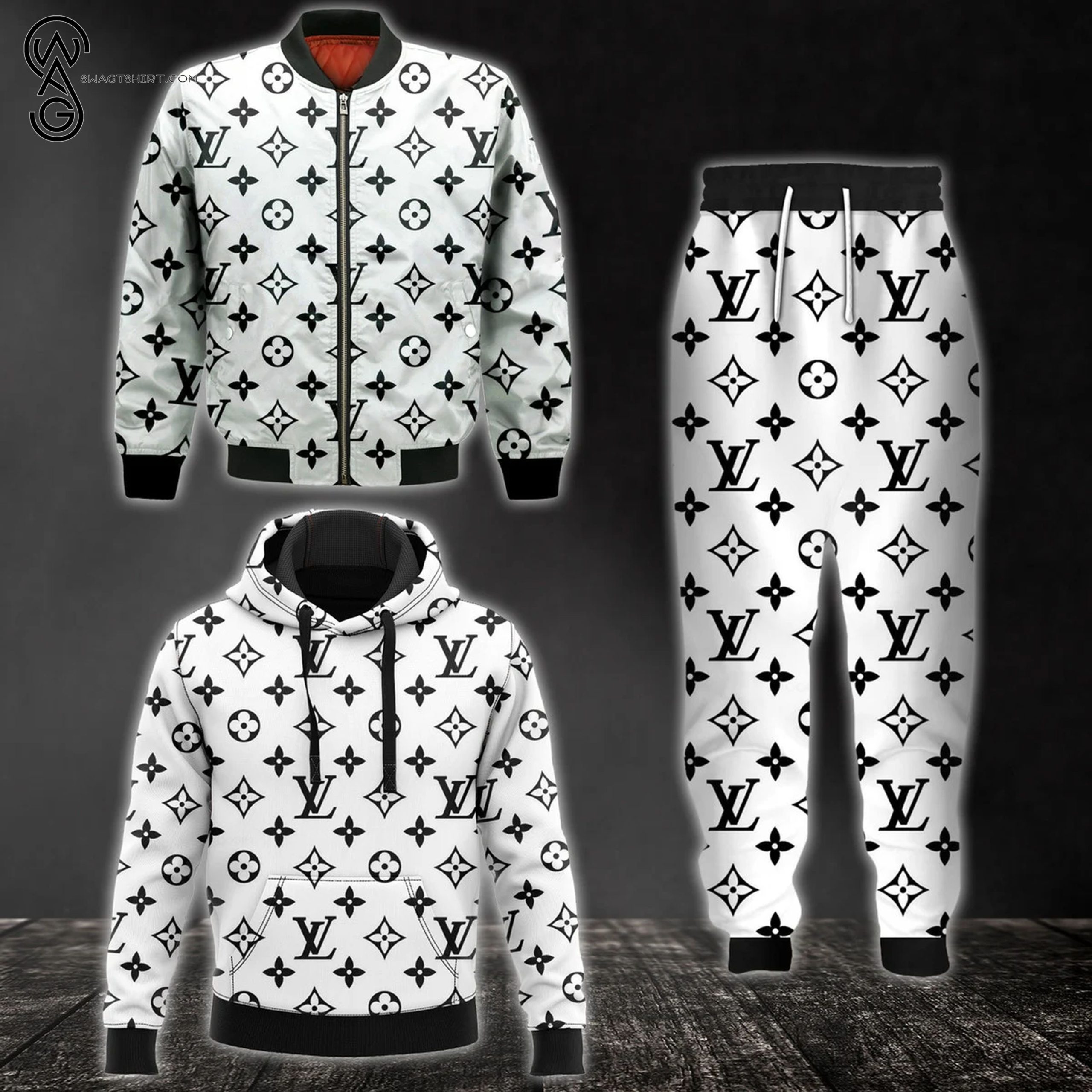 Combo Louis Vuitton White Symbol Hoodie Bomber Jacket And Pants Combo Louis Vuitton White Symbol Hoodie Bomber Jacket And Pants