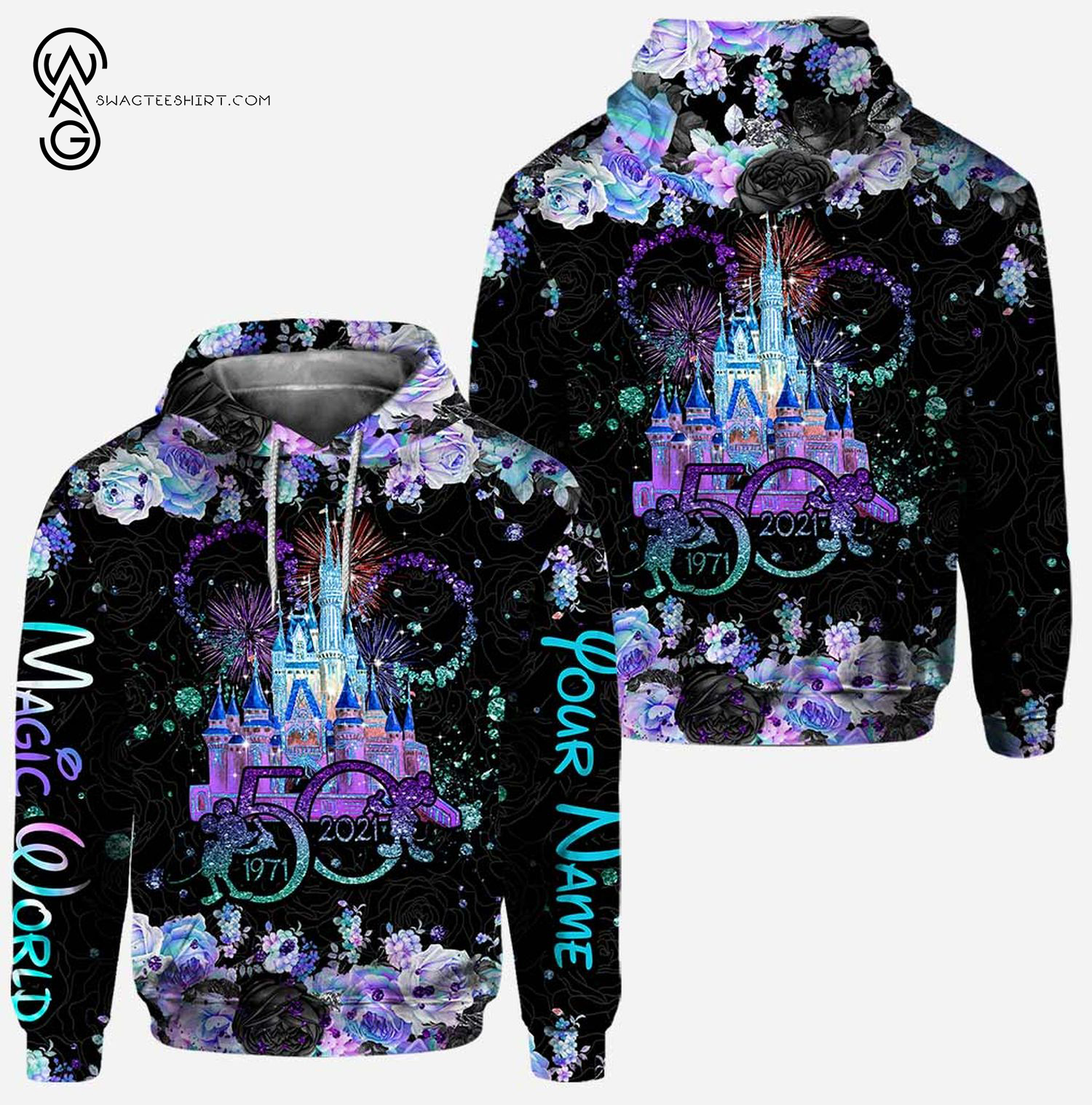 Custom-50-Years-Of-Magic-The-Disney-Castle-Floral-Hoodie-And-Leggings-2