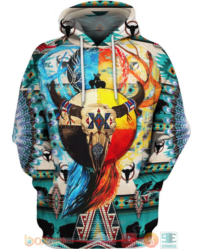 Deer-Native-American-Bison-Skull-Colorfull-3D-Hoodie-1