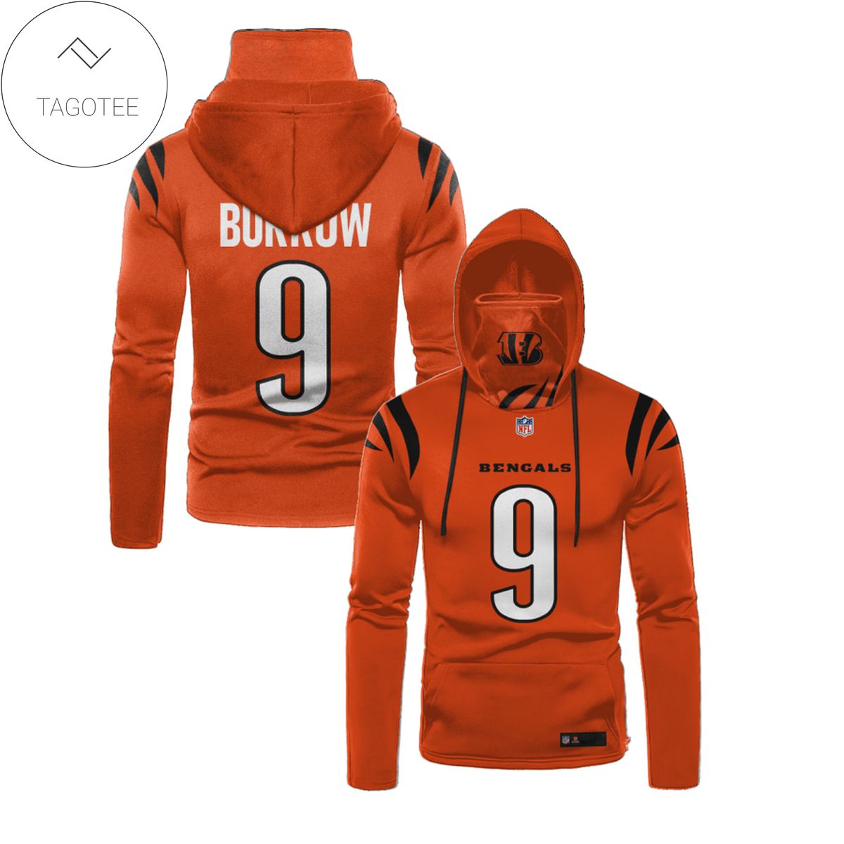 Joe Burrow No 9 Cincinnati Bengals Orange Mask Hoodie Joe Burrow No 9 Cincinnati Bengals Orange Mask Hoodie