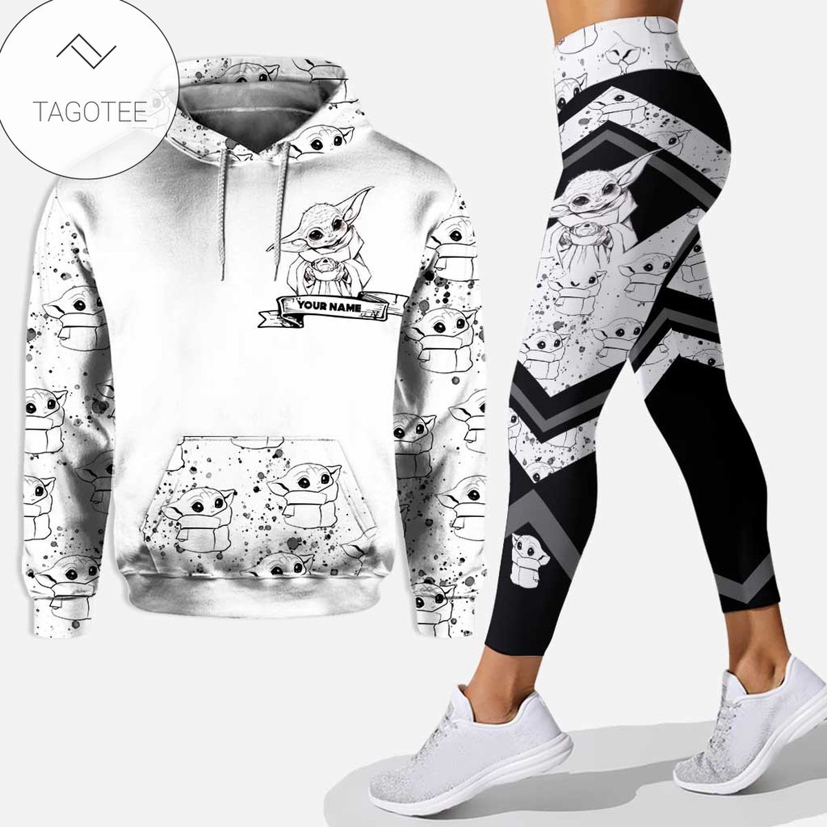 Personalized Baby Yoda Too Cute I Am Black And White Hoodie And Leggings Personalized Baby Yoda Too Cute I Am Black And White Hoodie And Leggings