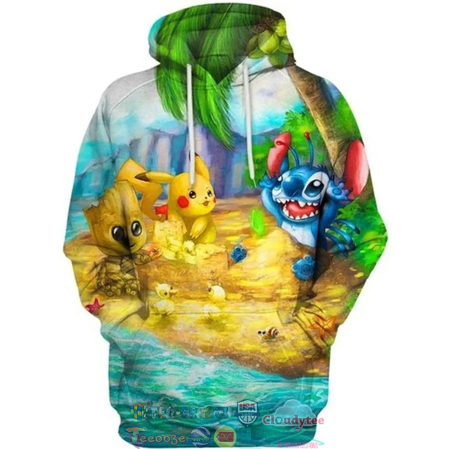 Pikachu Stitch Groot On The Beach 3D Hoodie Pikachu Stitch Groot On The Beach 3D Hoodie