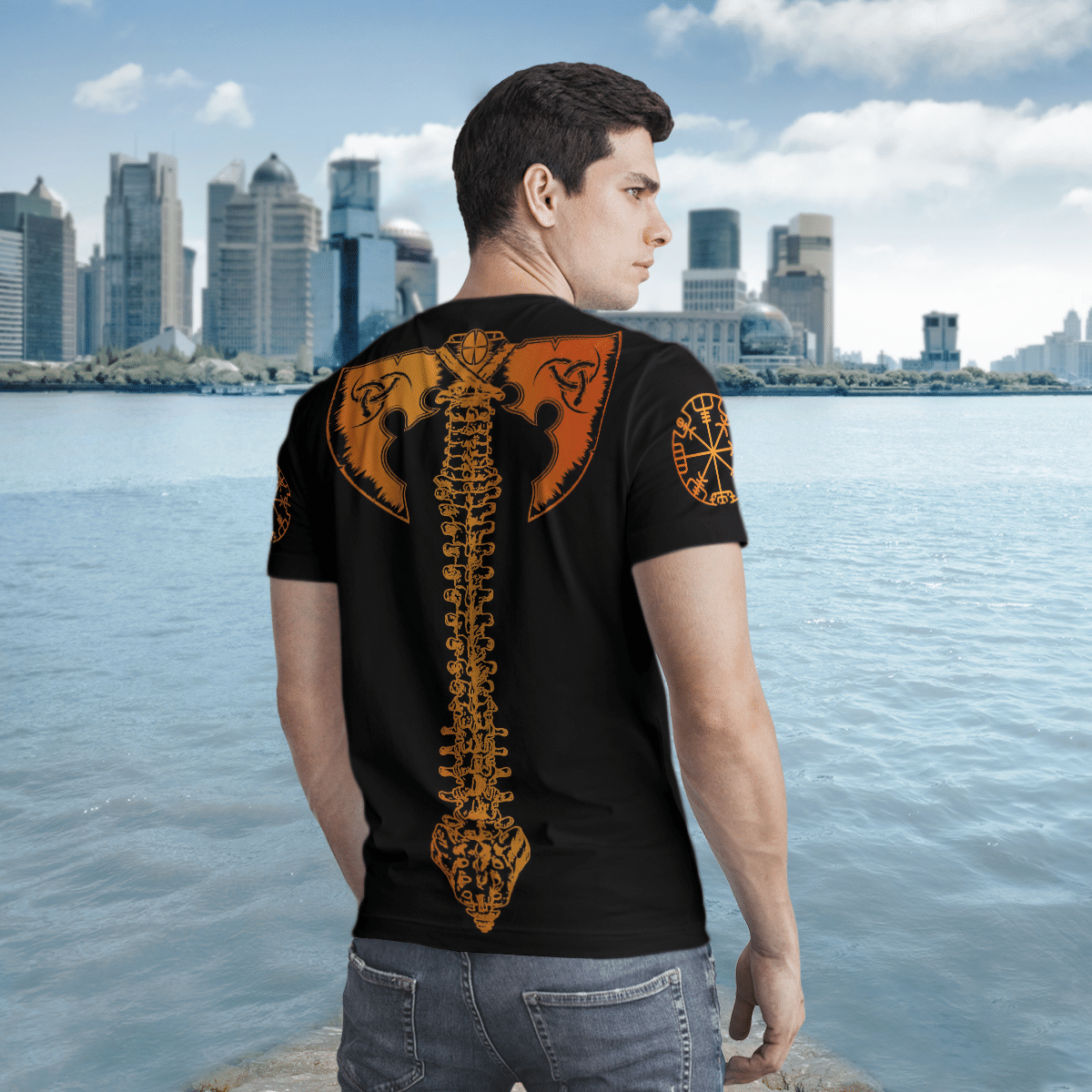 Skull Viking And Backbone Is An Ax Orange Black 3D Shirt Skull Viking And Backbone Is An Ax Orange Black 3D Shirt